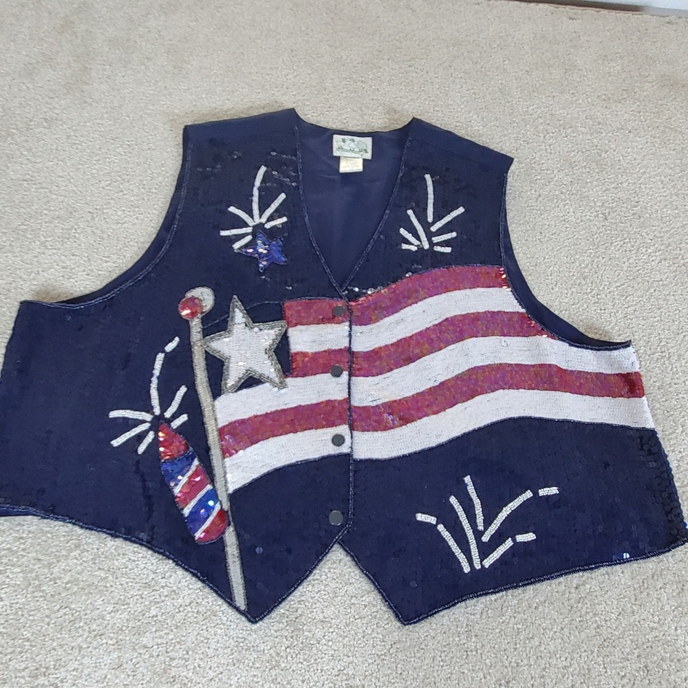 Quacker Factory Vest Womens 3X Blue Sequin Patriotic American Flag Fireworks Vtg